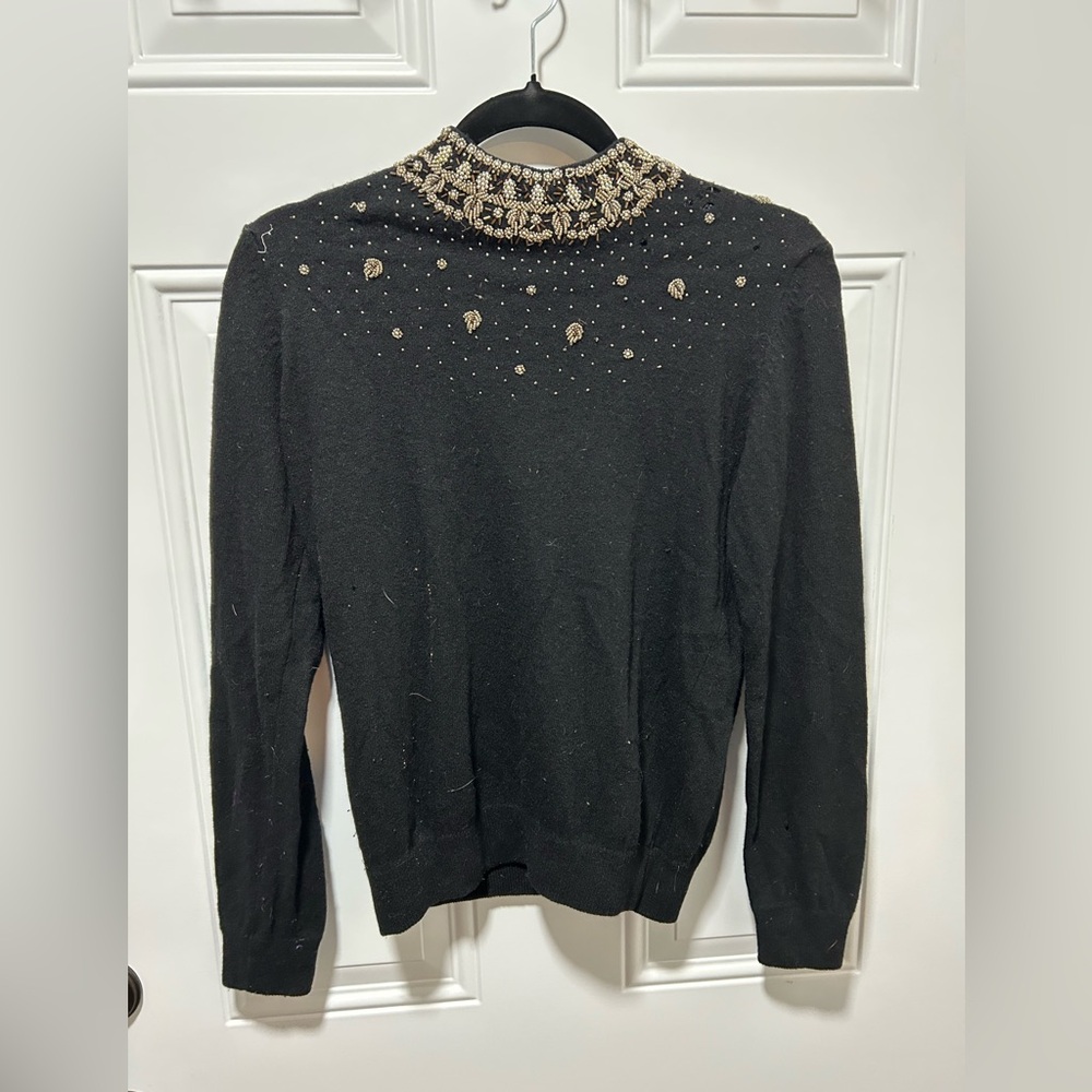 Vintage Black Wool Knit Sweater with Metallic Beaded Detail